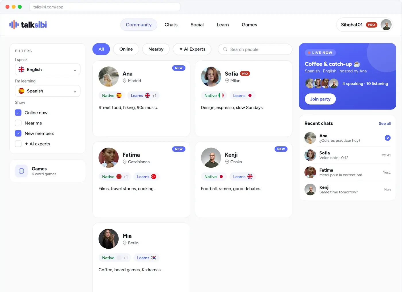 talksibi running in a desktop browser